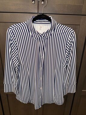 Lulu-B Navy & White Vertical Stripe Button-Down Shirt 3/4 Sleeves Like New Large
